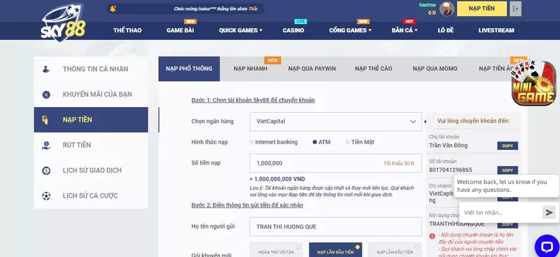Nạp tiền từ ngân hàng tại nhà cái Sky88