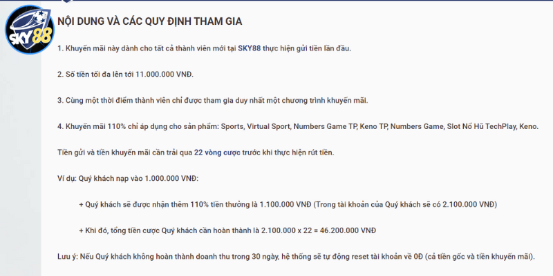 điều kiện áp dụng khuyến mãi nạp lần đầu 110% sky88