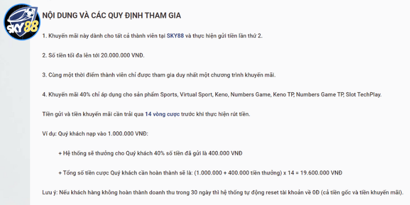 điều kiện áp dụng khuyến mãi nạp lần hai 40% sky88