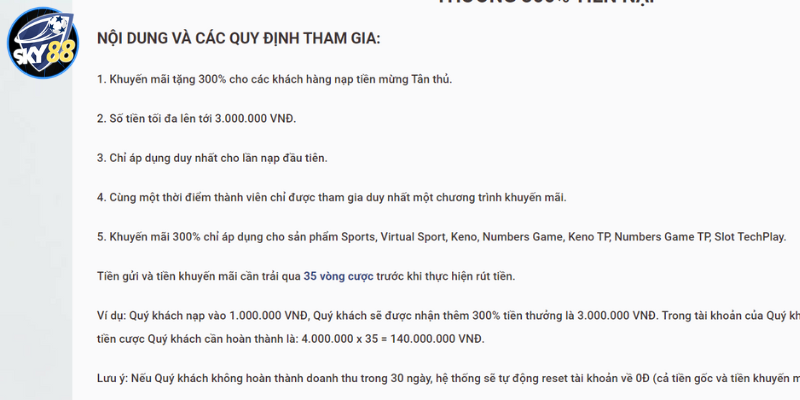 điều kiện để hưởng được khuyến mãi thưởng 300% tiền nạp trong lần đầu tiên